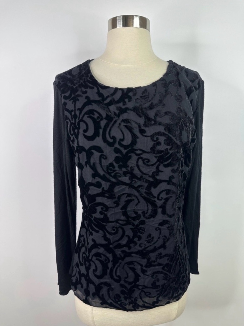 COLDWATER Creek Women's Black Burnout Velvet Long-Sleeve Top